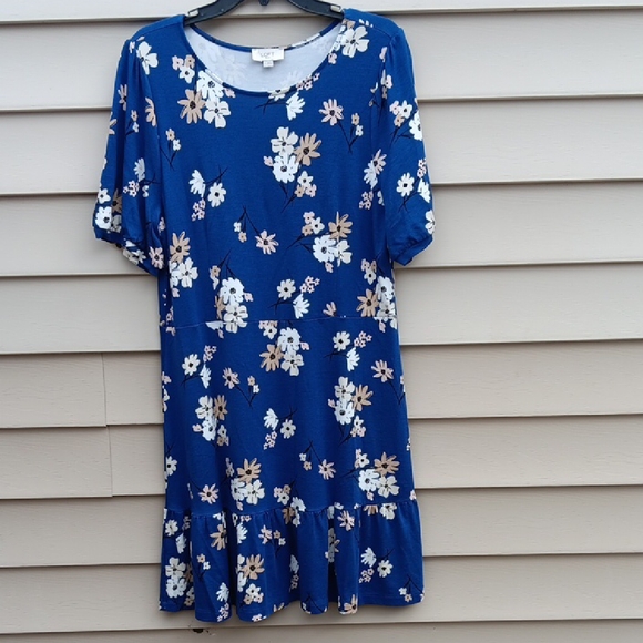 LOFT Dresses & Skirts - LOFT Women's Royal Blue Floral Short Sleeve Dress with Ruffle Hem - 14